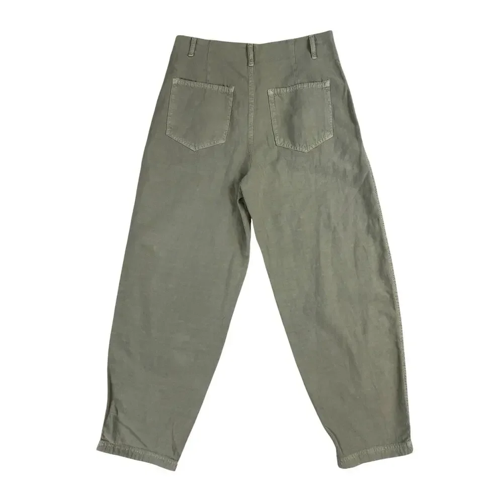 ZARA Pants Womens 6 Green Cotton Linen Twill High Rise Tapered Ankle Barrel NWT